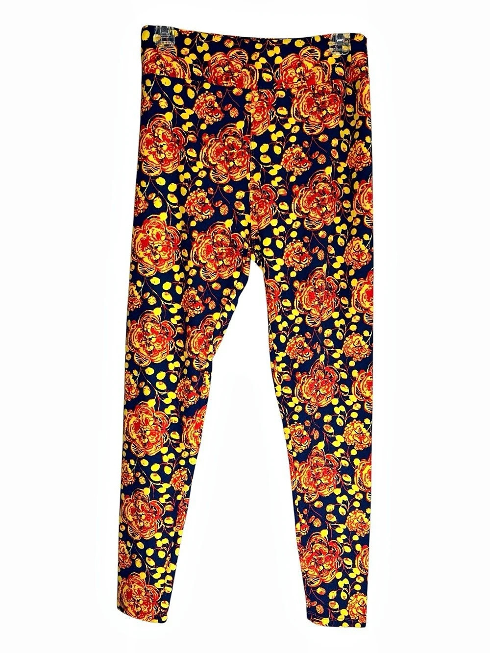 LuLaRoe Tall & Curvy Navy Blue Leggings with Yellow & Red Floral Print Sz Med